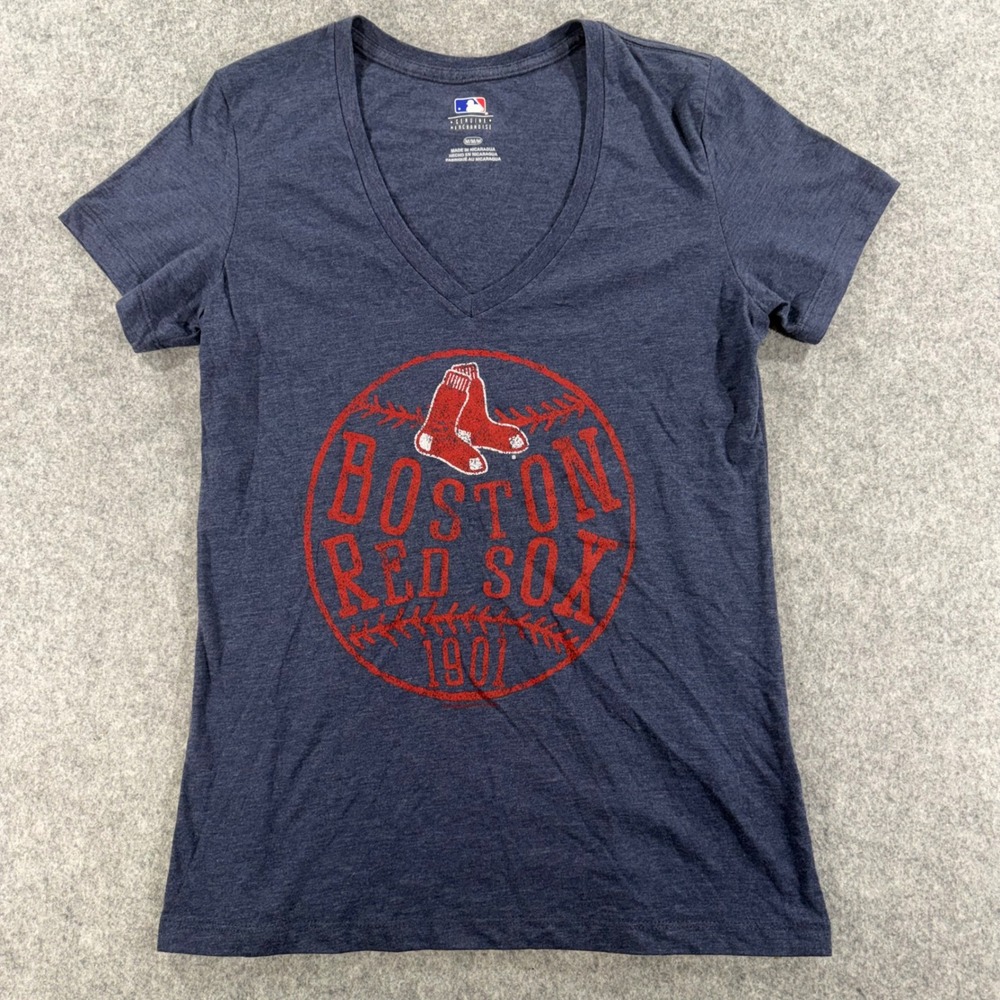 MLB Boston Red Sox V-Neck Graphic T-Shirt Navy Blue Heathered Medium